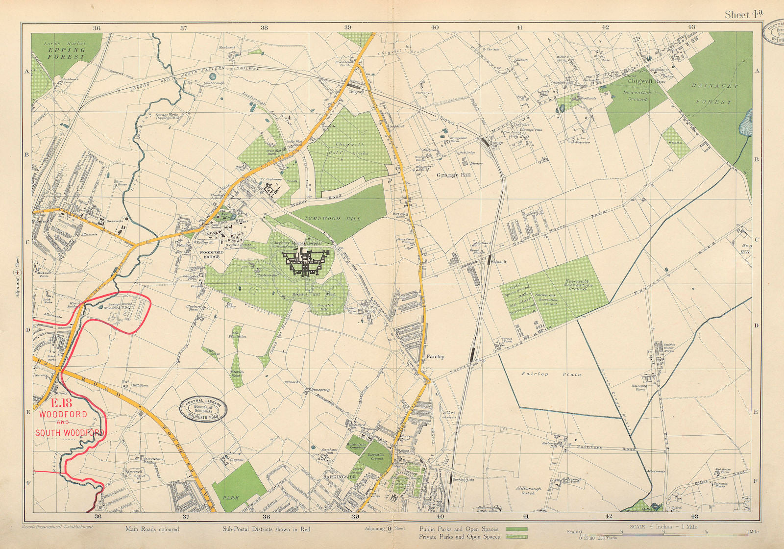 NE LONDON Woodford Bridge Fairlop Chigwell Barkingside Hainault. BACON 1934 map